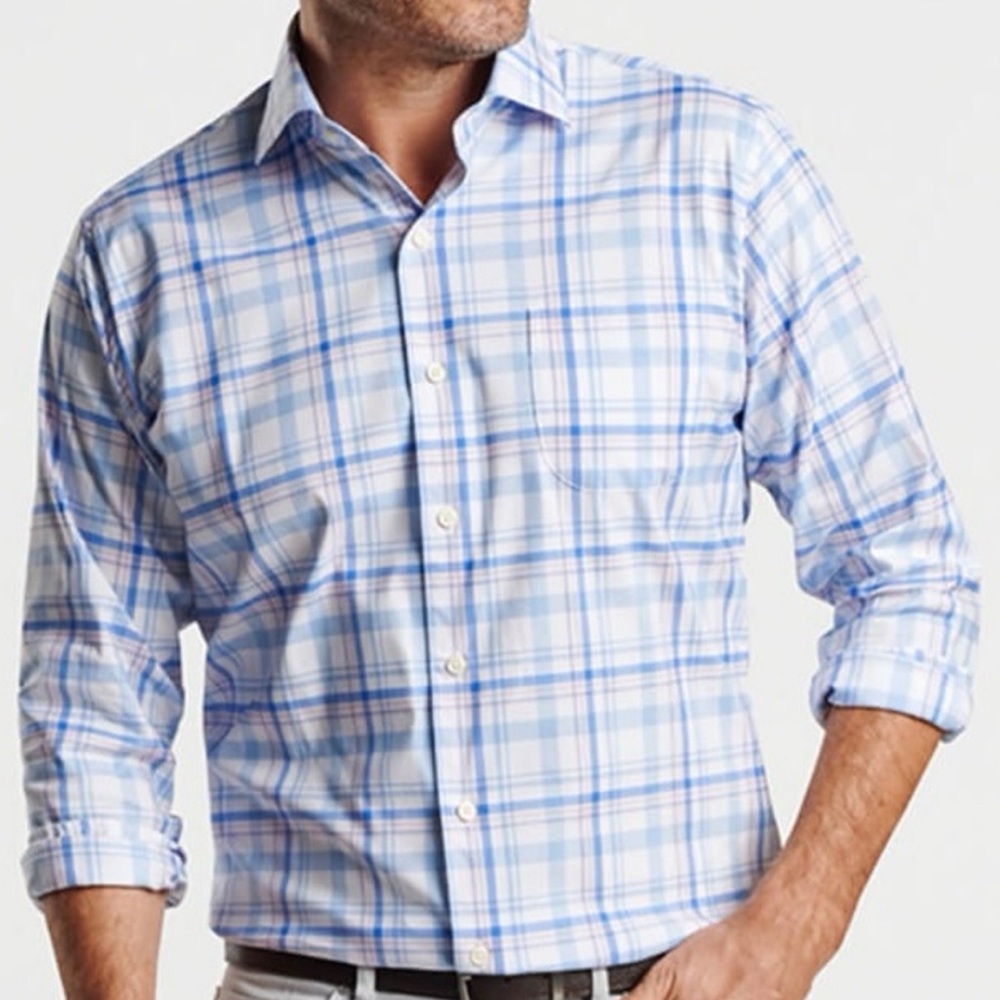Peter Millar Cottage Blue Payson Cotton-Stretch Sport Shirt Button
Up Plaid XL